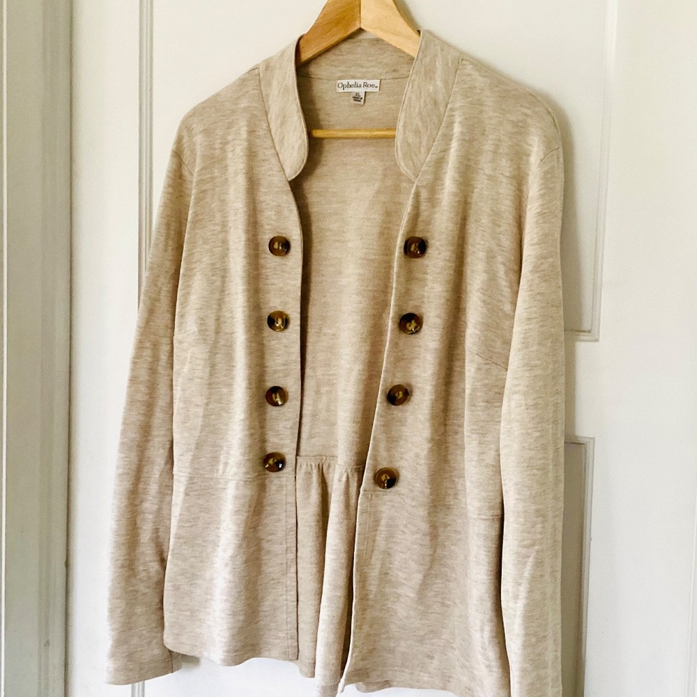 Ophelia Roe women's XL open peplum blazer jacket Oatmeal Lightweight Knit Cotton - Picture 2 of 11